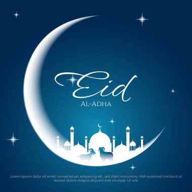 Hilal, cami, keçi silueti ve koyun silueti olan Kurban Bayramı tebrik kartı. İslami tasarım