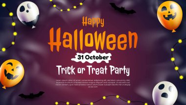 Cadılar Bayramı partisi davetiyesinde balonlar ve hayalet balonlar var. Ürkütücü etkinlik promosyonları, şenlikli sosyal medya paylaşımları ve tatil tasarımları için mükemmel..