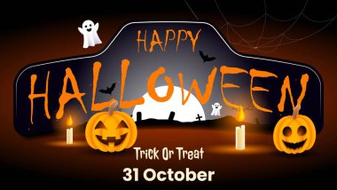 Balkabakları, hayaletler, yarasalar ve mumlarla Cadılar Bayramı mesajı tasarımın kutlu olsun. Parti davetleri, sosyal medya paylaşımları veya web sitesi dekorasyonları için ideal.