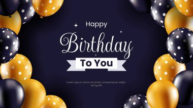İçinde altın ve koyu mavi balonlar olan doğum günü kartı doğum günü davetiyeleri, kutlama kartları ve şenlik süslemeleri için ideal..