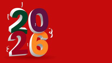 Yeni yıl partisi davetiyeleri, fütüristik teknoloji kavramları, etkinlik promosyonları için uygun kırmızı bir zemin üzerinde 3D numaralar 2026.