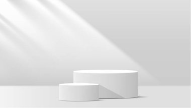 Göz kamaştırıcı ışık efektleriyle beyaz podyum arka planı. Sunumlara, ürün sergilerine ve ödül törenlerine uygundur..