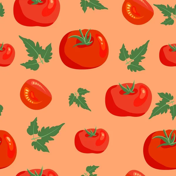 stock vector Tomato with leaves vector seamless pattern. Endless texture for kitchen wallpaper, textile, fabric, paper. Food background. Flat vegetables. Vegan, farm, natural