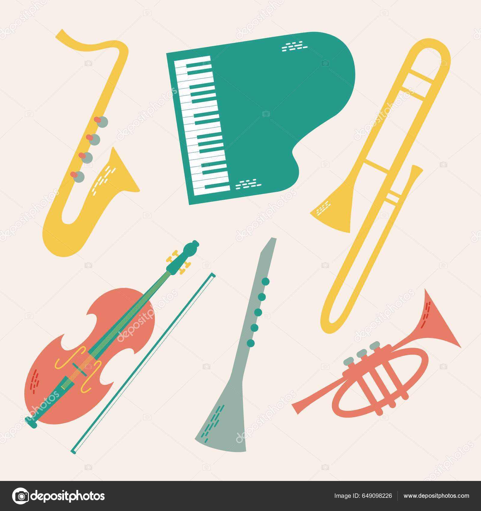 Vector Set Musical Jazz Instruments Drawn Cartoon Flat Style Isolated Stock  Vector by ©ClarArt 649098226