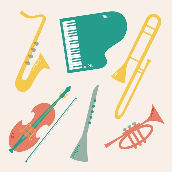 Wektorowy Zestaw Muzycznych Instrumentów Jazzowych Rysowanych Kreskówkowym Stylu Płaskim Izolacja — Wektor stockowy