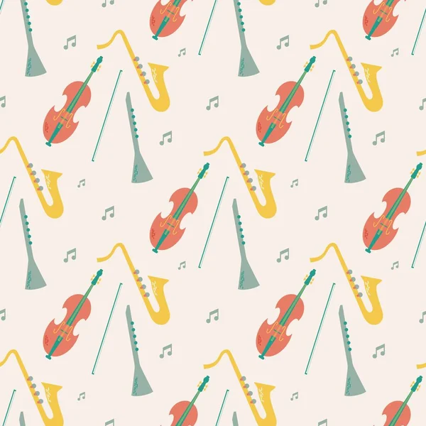 音符付きの楽器のベクトルシームレスパターン ベージュの背景のオーケストラに孤立 バイオリン サクソフォン クラリネット — ストックベクタ