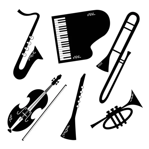 Vector Set Musical Jazz Instruments Drawn Graphic Style Isolated White — Stock Vector