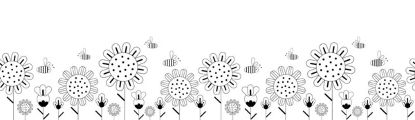 Graphic black flowers, sunflowers and bees vector seamless long background or banner isolated on white background.