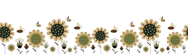 Color graphic style flowers or sunflowers and bees vector seamless long background or banner isolated on white background.