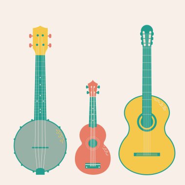 Çizgi film düz stiliyle çizilmiş müzik teli enstrümanlarının vektör kümesi. Bej arka planda izole edilmiş - gitar, banjo, ukulele.