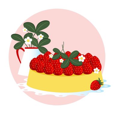 Strawberry hala yaşam tarzı vektör çizimi. Çilekli pasta ya da bir tabakta turta ve çiçekli bir sürahi ve pembe yuvarlak yapraklar..