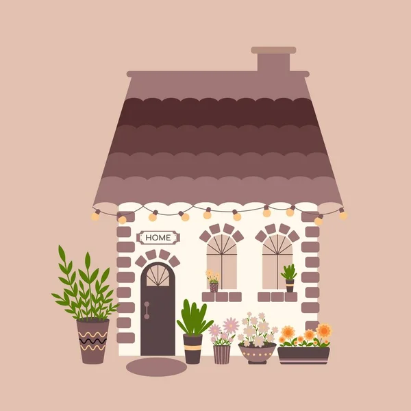 Симпатичный Дом Огнями Цветами Горшках Sweet Home Welcome Home Concept — стоковый вектор