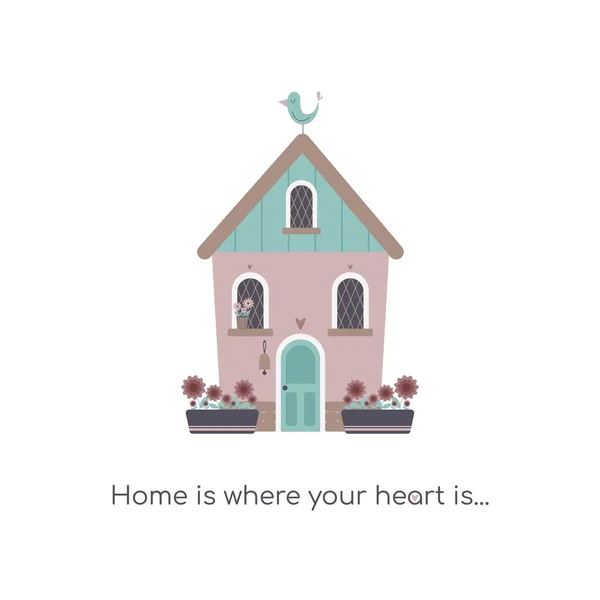 Симпатичный Дом Птицей Цветами Горшках Sweet Home Welcome Home Concept — стоковый вектор