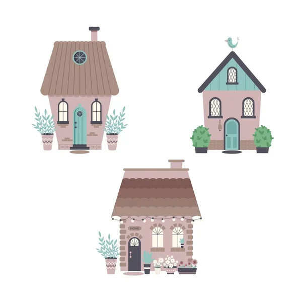 Милые Дома Огнями Кустами Цветами Горшках Sweet Home Welcome Home — стоковый вектор