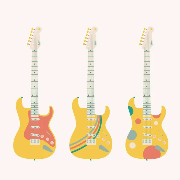 Conjunto Vetorial Instrumentos Musicais Guitarras Elétricas Amplificadores Desenhados Estilo Plano — Vetor de Stock