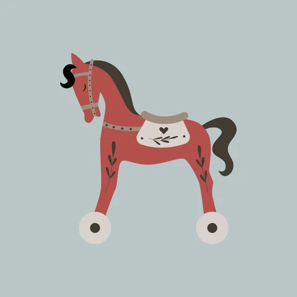 Vector Retro Balançando Crianças Brinquedo Cavalo Vermelho Com Ramos Decoração — Vetor de Stock