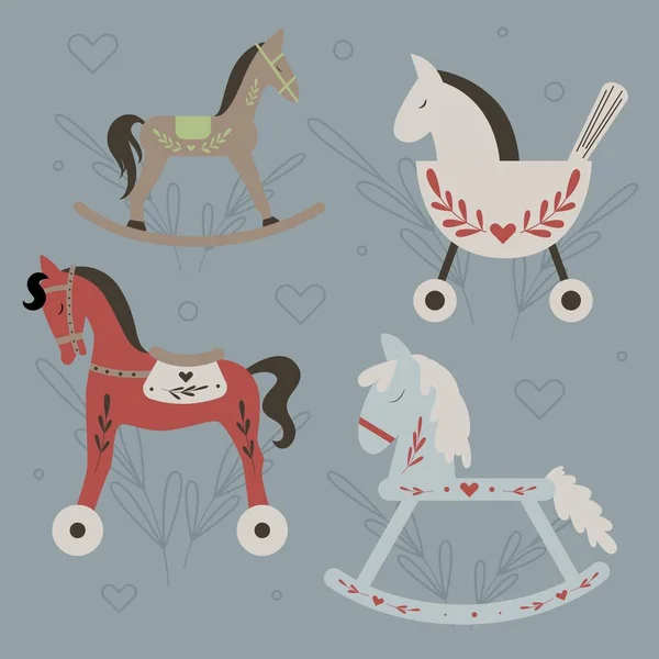 Vector Retro Balançando Crianças Brinquedos Cavalos Com Galhos Decoração Coração — Vetor de Stock