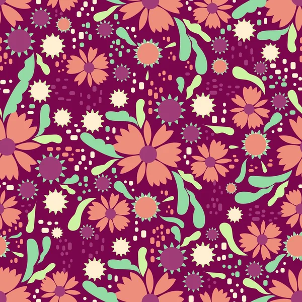 Бесшовный Яркий Летний Цветочный Векторный Узор Дизайн Поверхности Небольшими Растениями — стоковый вектор