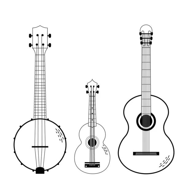 Conjunto Vetorial Instrumentos Cordas Musicais Desenhados Estilo Gráfico Plano Cartoon — Vetor de Stock