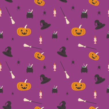 Jack latern ya da lamba, balkabağı, örümcek, cadı şapkası, süpürge ve esrar ya da mor bir arka planda kazan.