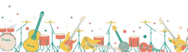 Uzun arkaplan ya da müzik aletli afiş. Rock grubu davul, cimbals, gitar, elektro gitar veya amper, banjo, ukulele
