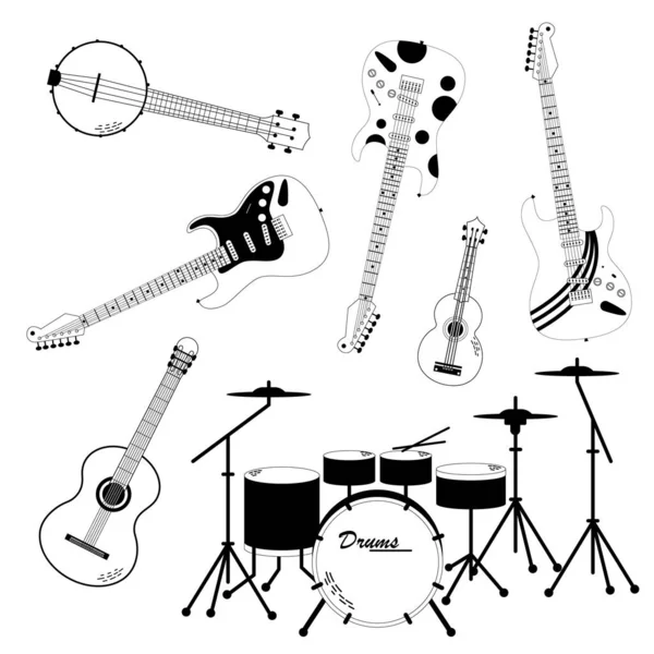 Vector Set Musical Rock Instruments Drawn Graphic Style Isolated White — Stock Vector