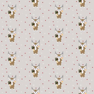 Noel süslemeleri, buketleri, yıldızları ve kar taneleri olan şirin bir Noel geyiği..