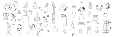 Minimalist doğal ve seramik vektör kümesi. Grafik, soyut, kaprisli ve kuru çiçekler, beyaz bir vazoda izole edilmiş..