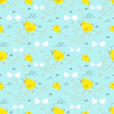 Tatlı piliç ve kırık yumurtayla kusursuz vektör deseni. Çocuklar için tekstil, paket, kumaş, duvar kağıdı, mavi bir arkaplana sarma.
