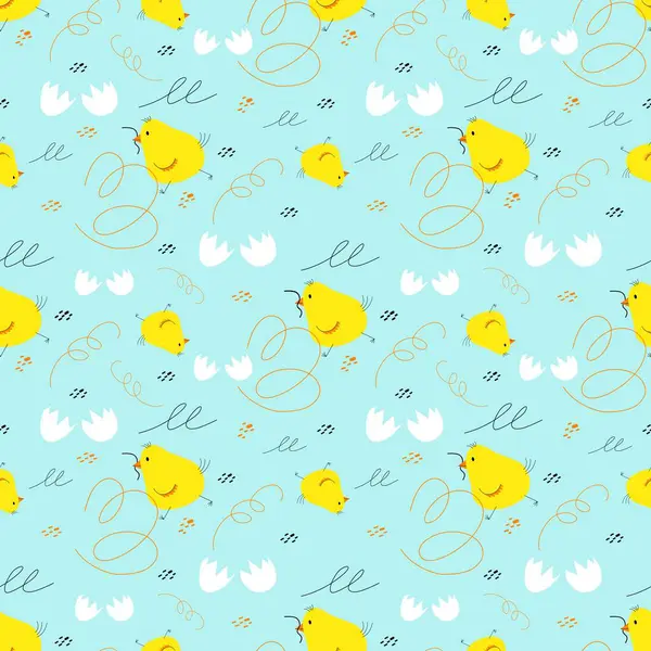 かわいいひよこおよび壊れた卵が付いている継ぎ目が無いベクター パターン 青い背景に包む子供の織物 パック 壁紙のための印刷物 — ストックベクタ