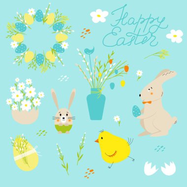 Bahar ve Paskalya seti şirin hayvanlar, piliç, tavşan ya da tavşan, çiçekler, yumurta ve süslemeler. Poster, kart, hatıra defteri, etiket, davetiye, etiket kiti için iyi. El çizimi vektör illüstrasyonu.
