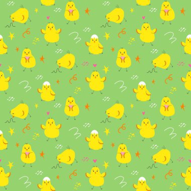 Yumurtadan çıkmış küçük sevimli tavuklarla kusursuz vektör deseni. Çocuk tekstil, ambalaj, kumaş, duvar kağıdı için yeşil arkaplanda yazdırma.