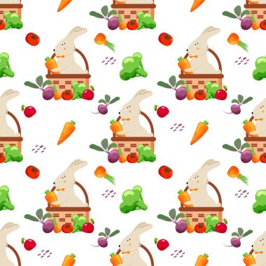 Havuç, brokoli, soğan, elma, pancar, domates ve beyaz arka planda şirin bir tavşancık gibi sebzelerin olduğu parlak vektörsüz desen..