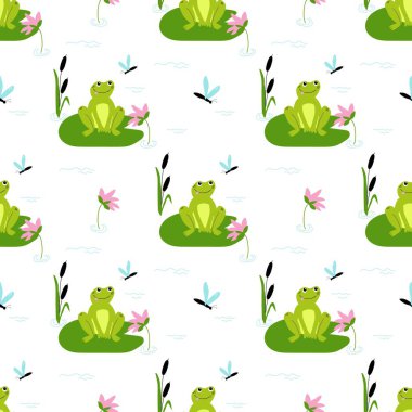 Şirin kurbağa, yusufçuk, zambak ve sazların olduğu kusursuz bir vektör deseni. Çocuklar için iyi baskı tekstil, paket, kumaş, duvar kağıdı, ambalaj.