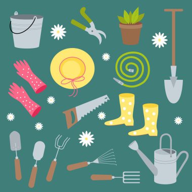 Kova, kürek, saksı, bitki, hortum, teneke kutu, hasır şapka, eldiven, bot, tırmık, budama ve papatya gibi bahçe aletleri ile vektör ilüstrasyon seti.