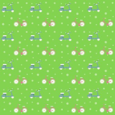 Yaratıcı motosikleti ve yeşil arka planda papatya şekilli tekerlekleri olan bisikleti olan kusursuz bir model..