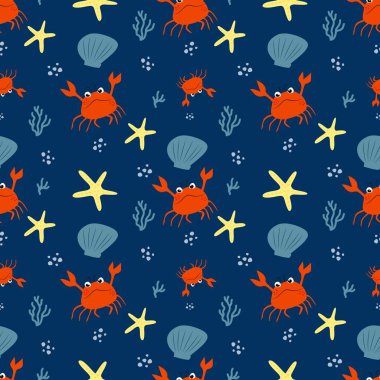 Vektörsüz minimalist çizgi film deseni, yaz konsepti yengeç, kabuk, yıldız, mercan ve baloncuklu açık deniz ya da okyanus.