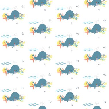 Vektörsüz minimalist çizgi film deseni, yaz konsepti, balinalı deniz ya da okyanus, mercan, balık, kabuk ve baloncuk.