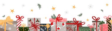 Vektör Noel ve Yeni Yıl hediyesi, hediye kutuları yatay panoramik pankart süslemeler, yıldızlar, kutsallık, yaylar, kurdeleler, Noel Baba şapkası ve kar taneleri.