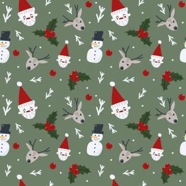 Vektör XMas ve ağaç dalları, Noel Baba ya da Noel Baba başı, geyik, kardan adam,.