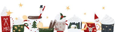 Vektör Noel ve Yeni Yıl kakaosu, çay, kahve fincanları yatay panoramik afiş süslemeler, yıldızlar, kutsal Noel Baba başı, kuru portakal, tarçın, krem şanti, noel ağacı, kardan adam ve kar taneleri.