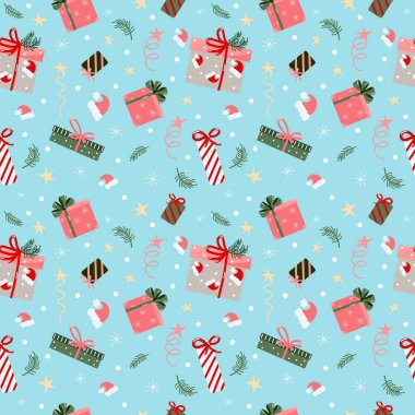 Vektör kış, Noel ve yeni yıl desenleri hediyeler, hediye kutuları, süslemeler, ladin ağacı dalları, Noel Baba şapkası, fiyonklar. Mevsimlik kutlama soyut geçmişi.