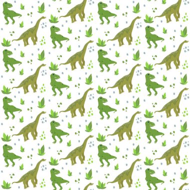 Vector seamless pattern with cute dino, dinosaur T Rex, Tyrannosaurus and Brachiosaurus, abstract children background with plants and stones clipart