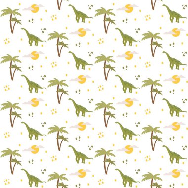 Şirin dinazor, dinozor Brachiosaurus ve palmiye ağacı, güneş, bulutlar ve taşlar, soyut çocuk arkaplanı ile vektörsüz desen.
