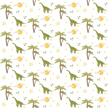 Vector seamless pattern with cute dino, dinosaur Brachiosaurus and palm tree, sun, clouds and stones, abstract children background clipart