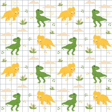 Şirin dinazor, dinozor T Rex, bulut ve çalılı Triceratops ve soyut çocuk arkaplanlı vektörsüz ekoseli desenler.