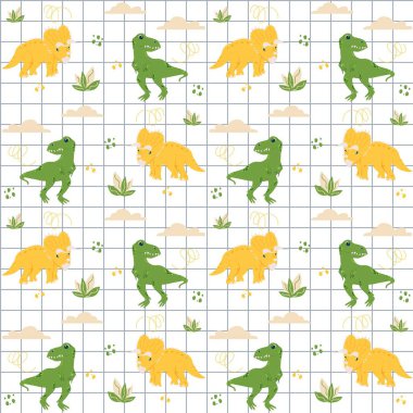 Vector seamless plaid pattern with cute dino, dinosaur T Rex, Tyrannosaurus and Triceratops with clouds and bushes, abstract children background clipart