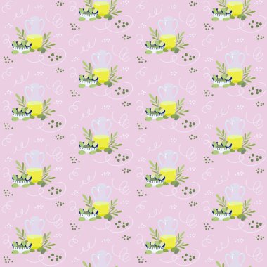 Cam bir şişe Yunan zeytinyağı, yapraklar, bir kasede zeytin. Vektör el çizimi düz gıda çizimi. Yunanistan geleneksel mutfağı.