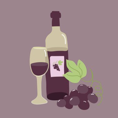 Şekil verilmiş kırmızı şarap şişesi, şarap kadehi, üzüm. Fransa, Yunanistan, İspanya geleneksel mutfağı. Vektör düz el çizimi resimleme.