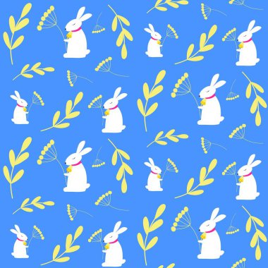 Kusursuz, parlak bahar, beyaz tavşanlı yaz çiçekli vektör deseni veya Paskalya tavşanı. Tatlı hayvanlı arka plan, küçük bitkiler, çiçekler, böğürtlenler, yapraklar.